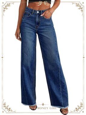SIDEFEEL Women's Wide Leg High Waisted Raw Hem Stretchy Denim Jeans